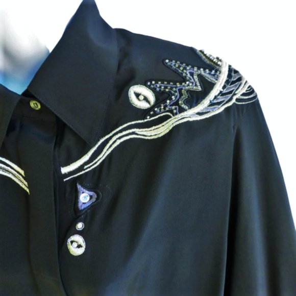 SiLK Western Black Blouse Della Roufogali Bling Rhinestone Sequin Embroidery L - Picture 1 of 7